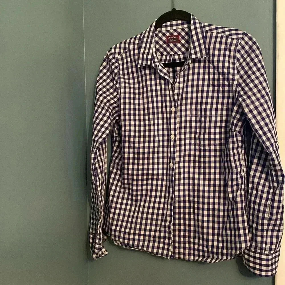 Untuckit - women’s -size 6 - blue/white gingham button up - 100% cotton